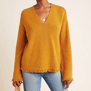 Anthropologie $120 Alpaca Blend Marigold V-Neck Fringe Knit Sweater‎ Size Small